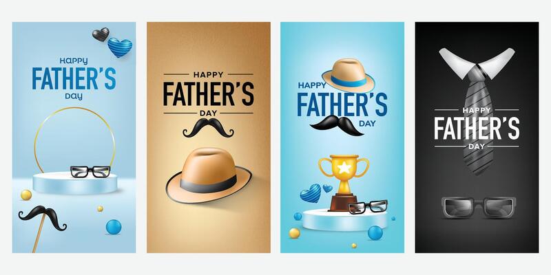 Fathers Day Greeting Card Set with Hat, Mustache, Glasses, and Trophy in Minimalist Blue and Brown Tones for Celebration Posters and Social Media Background