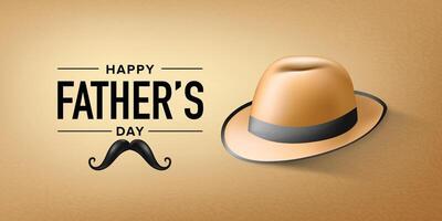 Minimalist Father's Day Greeting Background with Brown Hat and Mustache on Beige Canvas Texture for Card Design and Social Media Post vector