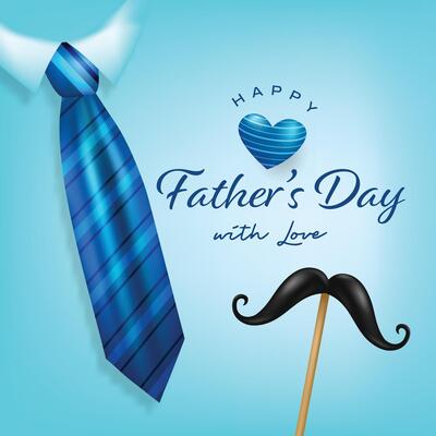 Square Blue Father's Day Greeting with Necktie, Heart, and Mustache on Light Blue Background with Love Message