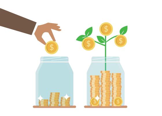 Step of Hand saving coins in glass jars with money trees stock illustration