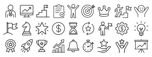 Business goal web Icon Set in hand drawn Line Style. Success goals Linear Icons, Including process, target, aim, focus, human resource, strategy, winner, action plan, strategy. isolated vector