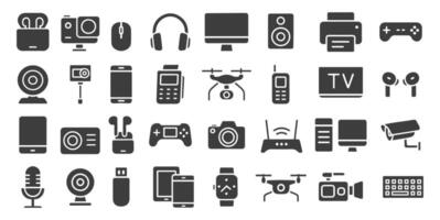 Devices flat style set. Electronic device and gadgets icons for web, mobile app. Smart devices, drone, technology, computer monitor, smartphone, tablet, laptop. illustration. Isolated vector