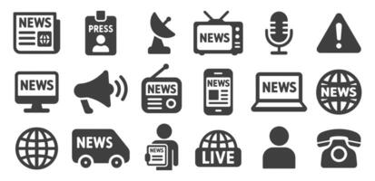 News report flat style icon symbol set. Journalism newspaper logo sign collection. TV, radio, computer, internet, live broadcast. illustration image. Isolated on white background. vector