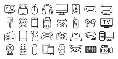 Devices icons line style set. Electronic device and gadgets icons for web, mobile app. Smart devices, drone, technology, computer monitor, smartphone, tablet, laptop. illustration. Isolated vector
