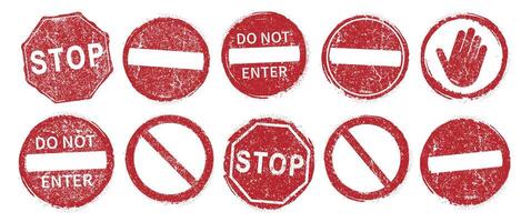 STOP no entry road circle sign icon shape set. Traffic Prohibition logo symbol. illustration image. Isolated on white background. Not allowed direction sign. No trespassing. Do not enter. Grunge stamp vector
