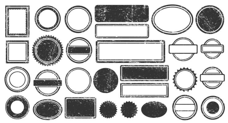 Stamps frames grunge icon shape set. Stamp grunge ink rubber labels sign collection. Isolated on white background. Black round and square stamp border pack.v