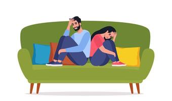 Man and woman sitting on couch with their backs to each other. Concept of misunderstanding, disagreement, relationship troubles. Couple in a quarrel, conflict. illustration. vector