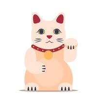 Maneki-neko lucky cat with a smiling face and wearing a red collar. Traditional Japanese figurine symbolizing good luck and fortune. illustration. vector