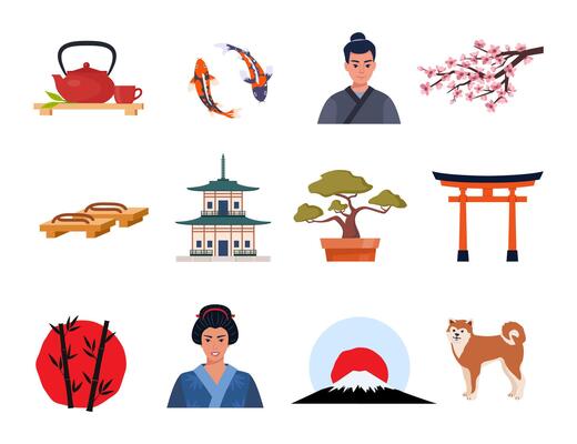 Japanese Traditional icons. Geisha, samurai, katana, Mount Fuji, bonsai, Maneki Neko lucky cat, sakura, pagoda, bamboo, sushi, sumo, torii gate. Travel to Japan. illustration.