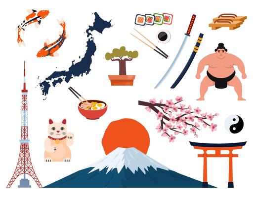 Japanese Traditional culture symbols. Geisha, samurai, katana, Mount Fuji, bonsai, Maneki Neko lucky cat, sakura, pagoda, bamboo, sushi, sumo, torii gate. Traveling to Japan