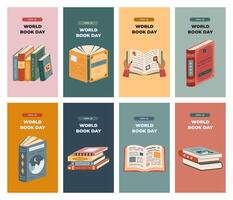Big set of vertical of stories for World Book Day with colorful library clipart. Greeting concept banner with books of different genres, picturesque covers, stack for social media, business, branding. vector