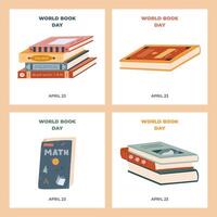 Set of square simple banners for World Book Day with book and library clipart. Hand drawn reading concept with textbook, stack of literature in hardcover for social media, website banner, promotion. vector