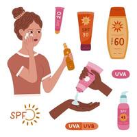 Lovely cartoon set with girl using sunscreen spray, different tubes and jars with SPF. Childish hand drawn clipart collection about defense from dangerous ultraviolet sun rays isolated on background. vector