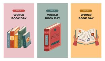 Vertical trendy set of stories for World Book Day with colorful library clipart. Greeting concept banner with open book in hands, stack of novel, stories, legend and myths for social media. vector