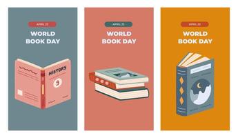 Vertical trendy set of stories for World Book Day with colorful reading clipart. Greeting concept banner with open textbook, stack of books in picturesque cover for social media, branding vector