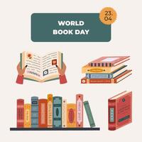 Colourful square poster for World Book Day with cartoon books of different genres. Simple holiday banner with open book in women hands, bookshelf for website background, social media, business. vector