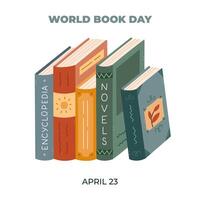 Minimalistic square banner for World Book Day with cartoon books in hardcover of different genres vertically standing. Simple colourful holiday clipart for poster, website background, social media. vector