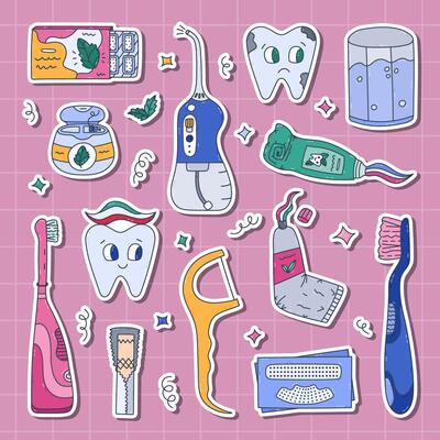 Childish teeth treatment sticker set with dental products and tools for planners, notebooks, diary. Ready for print list of colourful hand drawn doodle. Dentistry concept, cheerful tooth character.
