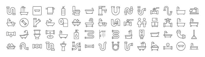 Bundle of Line Icons of Faucet, Pipes, Bathroom, Toilet. Minimalistic Linear Pictogram for Web and Graphic Design, Apps, Banners, Social Network and Cards vector