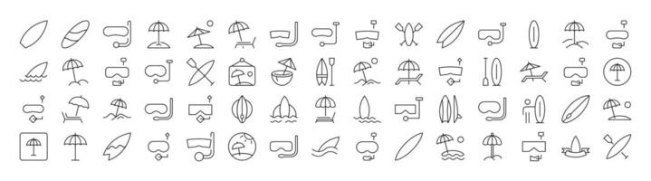 Diving Mask, Surfboard, Umbrella, Beach Line Icon Collection. Outline Signs for Graphic and Web Design, Apps, Adverts, Various Cards vector