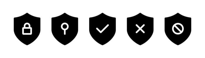 Security shield solid icon set. Security shield filled symbols with check mark and padlock. Safety protection shield flat icons set. vector