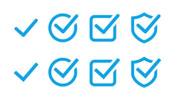 Check box icon with correct. Check mark icon. Tick symbol. Right mark icon. Shield check mark icon. Confirm symbol. vector