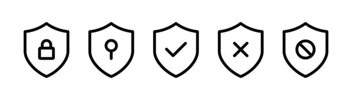 Security shield line icon set. Security shield outline symbols with check mark and padlock. Safety protection shield flat outline icons set. vector