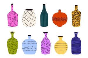 Set of different decorative bottles and ceramic vases with graphic pattern. Retro pop art style. Bright neon color of the 80s. vector