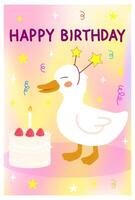 Happy Birthday background with cartoon character party white duck with cake. typography print design, child congrats postcard bright and funny simple illustration vector