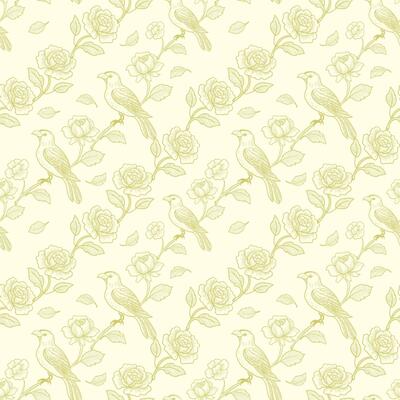 Seamless pattern, background with Floral pattern with birds and roses in art nouveau style, vintage, old, retro style. Colored illustration. In soft yellow colors
