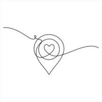 One continuous line drawing of Route maps and location with Heart Shaped icons outline style illustration vector