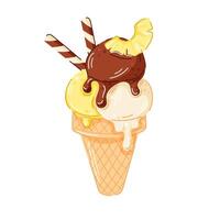 Ice cream cone with vanilla, lemon and dark chocolate scoop in cartoon style. Pineapple and wafer sticks on top in waffle cone. Perfect for dessert menu, summer packaging graphic design. vector