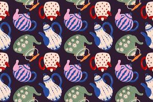 Seamless pattern with colorful vintage teapot on a dark background in flat style. Perfect for kitchen textile, wrapping paper or retro design. vector