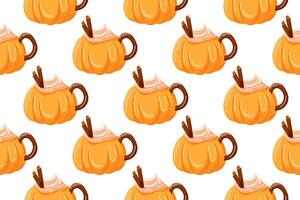 Cup of hot cocoa or coffee with whipped cream and cinnamon in cartoon style. Seamless pattern of beverage for bakery, cafe, kitchen wallpaper and background. vector