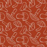 Seamless pattern of line art style mushroom fly agaric, Boletus, Chanterelle, Niscalo, Shiitake on a red background. Perfect for food packaging, vegetable store print and organic design. vector