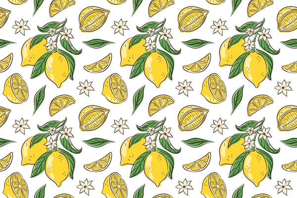 Colorful seamless pattern with hand drawn lemon, leaf and flower on a white background. Perfect for textile, packaging, summer theme and fresh fruit design project.