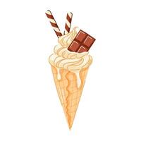 Vanilla ice cream cone with swirled creamy texture with chocolate bar and wafer sticks in cartoon style. Refreshing summer dessert perfect for sweet theme, fruit concept and colorful food illustration vector
