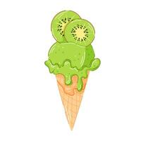 Green kiwi ice cream cone with juicy slices on top and creamy texture dripping down the waffle cone in cartoon style. Fruity dessert ideal for summer food package and menu cafe design. vector