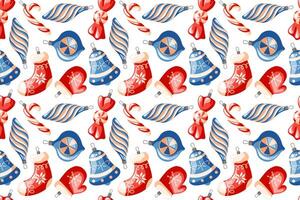Christmas tree decoration seamless pattern in cartoon style. New Year celebration retro design with mitten, sock, bell, candy cane on a white background. vector