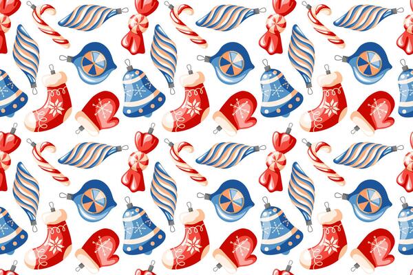 Christmas tree decoration seamless pattern in cartoon style. New Year celebration retro design with mitten, sock, bell, candy cane on a white background.