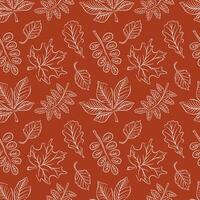 Seamless autumn leaves pattern line art style on red background. Perfect for greeting, invitation, wrapping paper, textile. vector