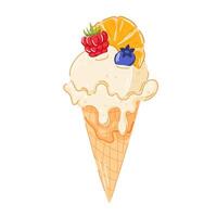 Vanilla ice cream cone with juicy slice of orange fruit, blueberry and raspberry on top and creamy texture dripping down the waffle cone in cartoon style for summer food package and menu cafe design. vector