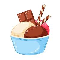 Colorful ice cream in bowl of with vanilla, chocolate and strawberry scoop topped with chocolate bar and wafer sticks in cartoon style. Perfect for dessert menu, packaging and sweet food design, vector