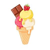 Ice cream cone with vanilla, lemon and raspberry scoop in cartoon style. Berry and chocolate bar on top in waffle cone. Perfect for dessert menu, summer packaging graphic design. vector