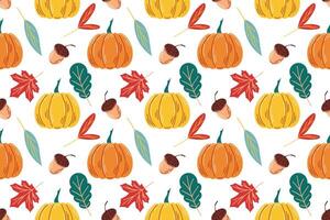 Cute autumn seamless pattern with leaves, acorns, rowan, pumpkin, berries in flat style. Background design for autumn package, wallpaper. vector