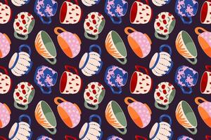 Seamless pattern with colorful teacup and mug on a dark background in flat style. Perfect for kitchen decor, fabric design and or print. vector