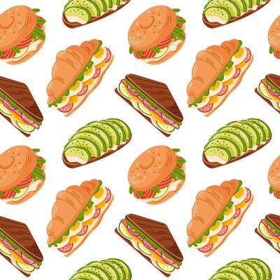 Seamless pattern with avocado toast, sandwiches, bagel, croissant in flat style. Perfect for food design, cafe menu, restaurant decor and food package on a white background.