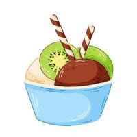 Colorful ice cream in bowl with vanilla, chocolate and kiwi scoop topped with wafer sticks and kiwi fruit in cartoon style. Perfect for dessert menu, packaging and sweet food design. vector