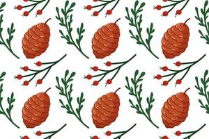 Seamless pattern with pine cone and green twig in cartoon style on white background. Perfect for Christmas packaging, winter design and festive background. vector
