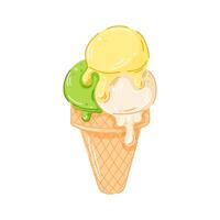 Cartoon style illustration of three melting scoop ice cream cone with lemon, vanilla and pistachio flavor. Perfect for dessert menu, summer packaging and food themed design project. vector
